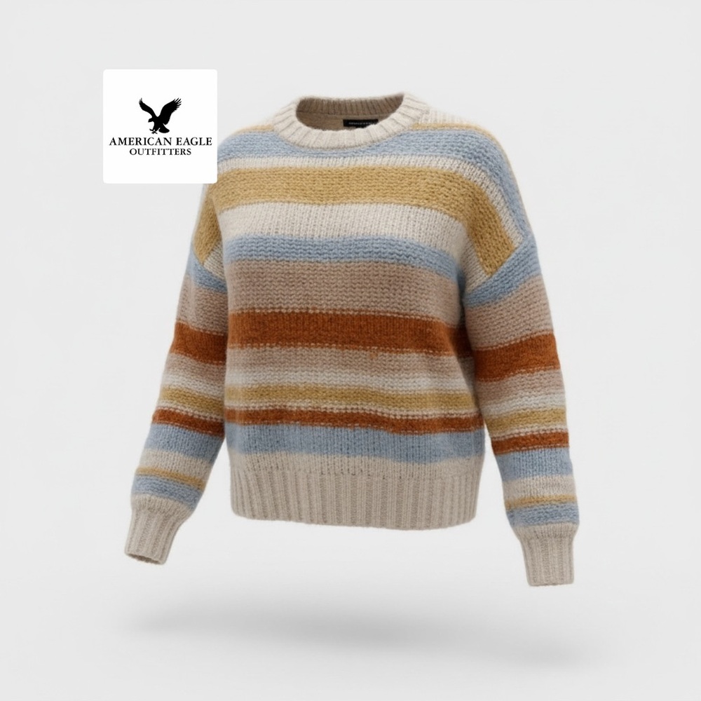 American Eagle Outfitters Striped Crewneck Sweater in Cream, Blue & Rust